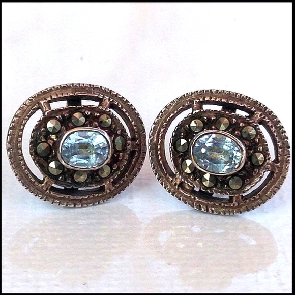 Valtallica's Vintage Jewelry - Sterling Silver Aquamarine Marcasite Studs VINTAGE